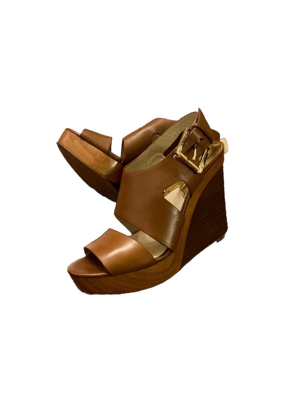 Michael Kors Women’s Carla Sandal Camel Leather Wooden Wedge Platform Sz 9